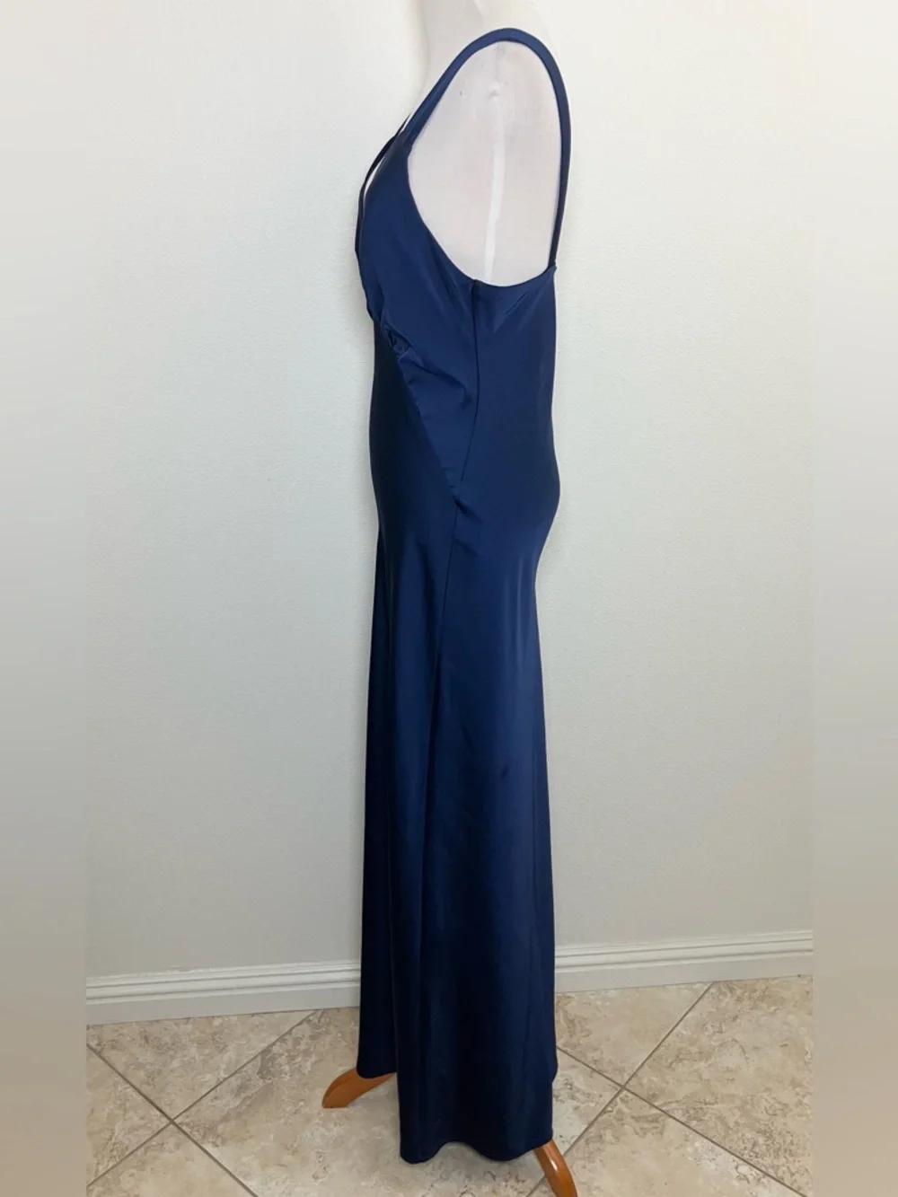 Satin Navy Blue V-Neck Maxi Dress with Wide Straps - Picture 6 of 11